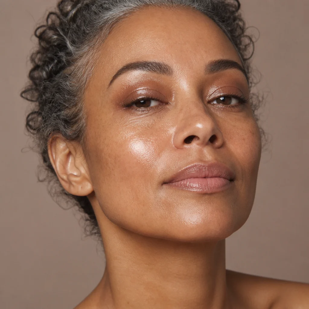 High-shine glossy lid eye with a soft matte-brown lifted outer corner for a fresh editorial foxy look