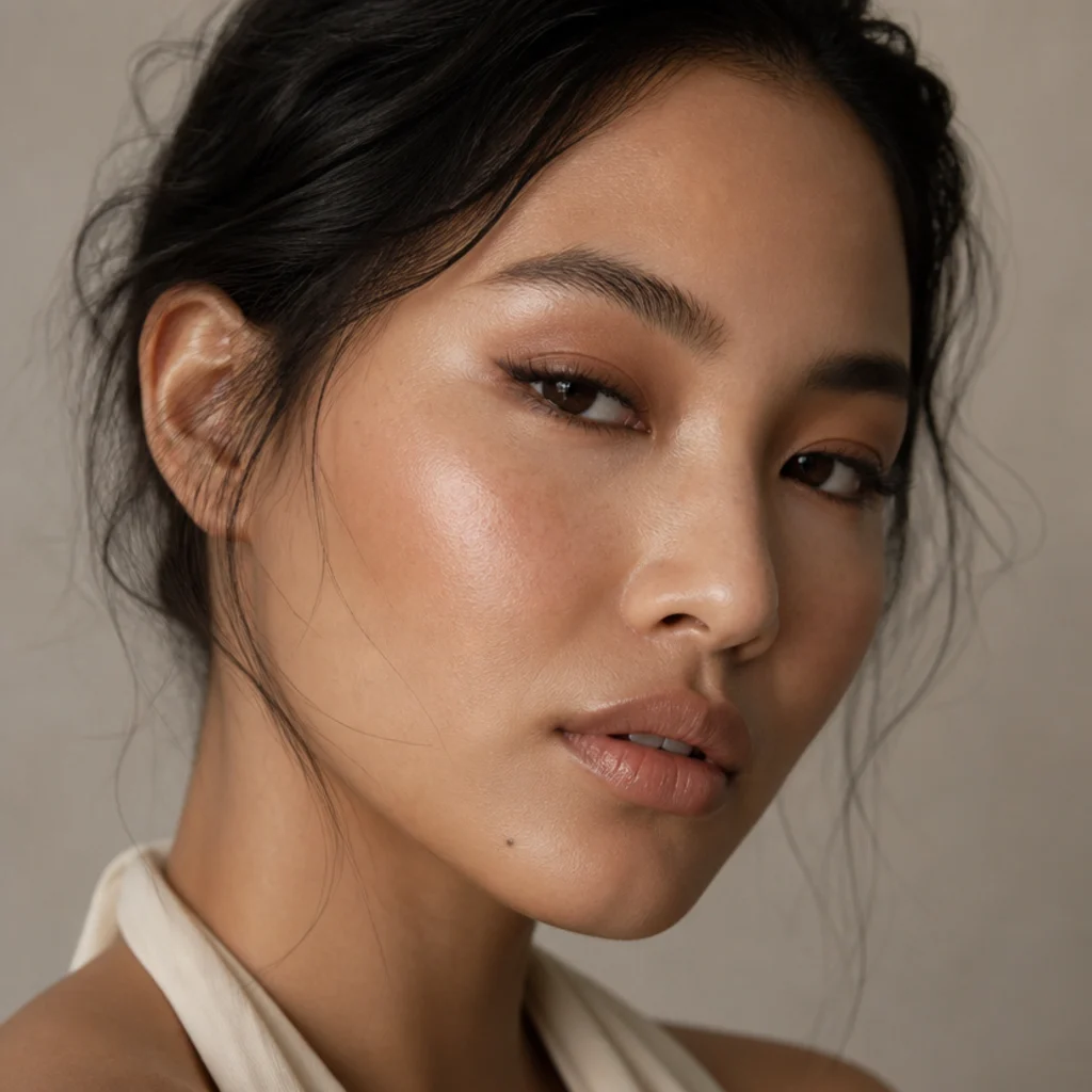 Three-quarter beauty portrait of a model with lifted soft foxy eye makeup, warm taupe shadow, and a low-slung upward flick liner