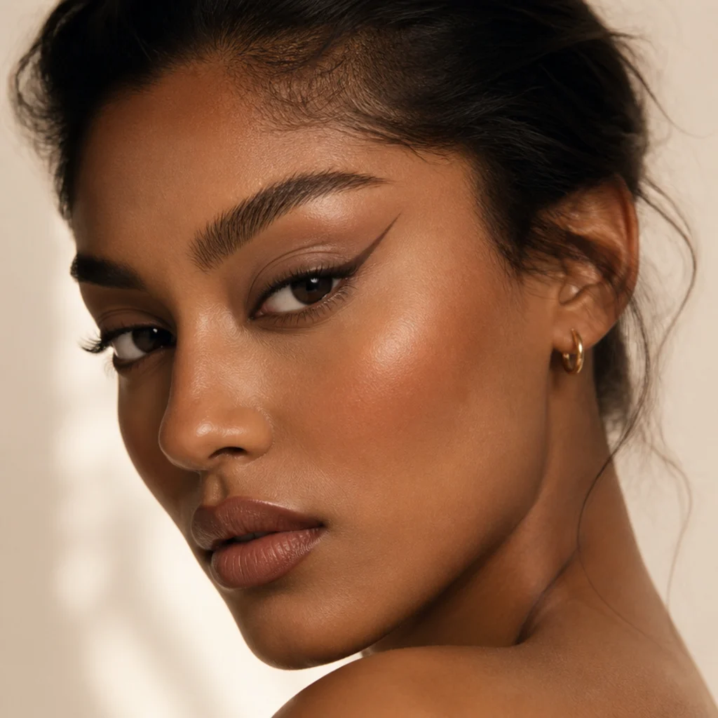 Three-quarter portrait of clean foxy eyes makeup with a straight lifted liner and matte neutral taupe lid