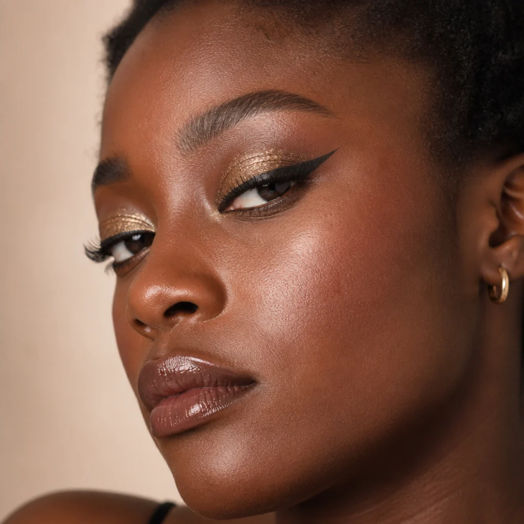 Sparkling glitter foxy eyes with a lifted liner and a wash of fine gold glitter pressed on the center lid