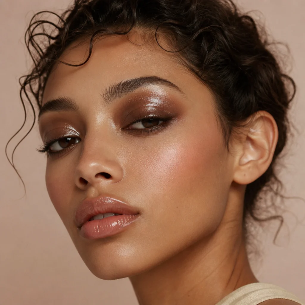 Editorial glossy siren eyes with a sheer wash of clear lid gloss over smoked shadow for a wet-lidded finish