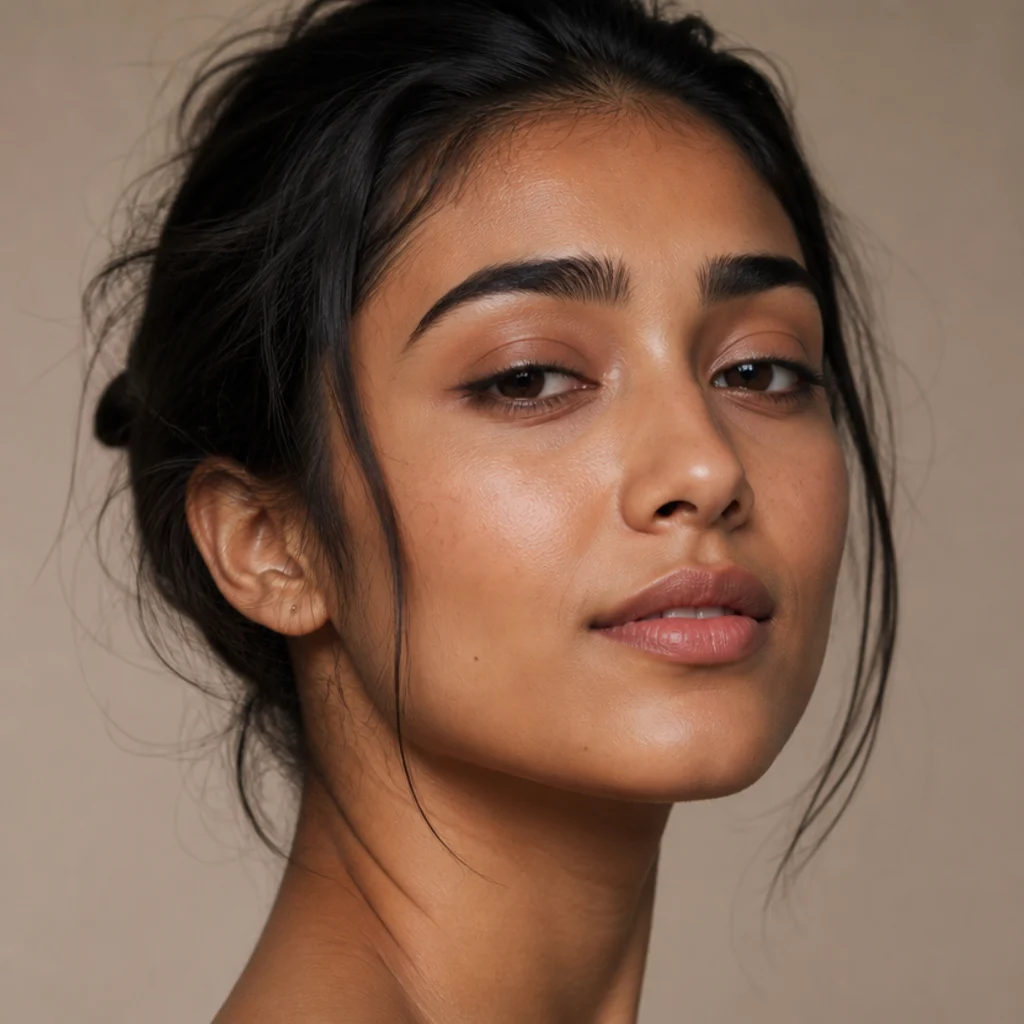 Natural daytime foxy look with a thin warm-brown liner, tinted skin-tone lid, and softly brushed-up brows