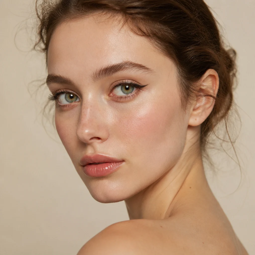 Round-eyed model wearing foxy liner extended outward to visually elongate and lift the round eye shape