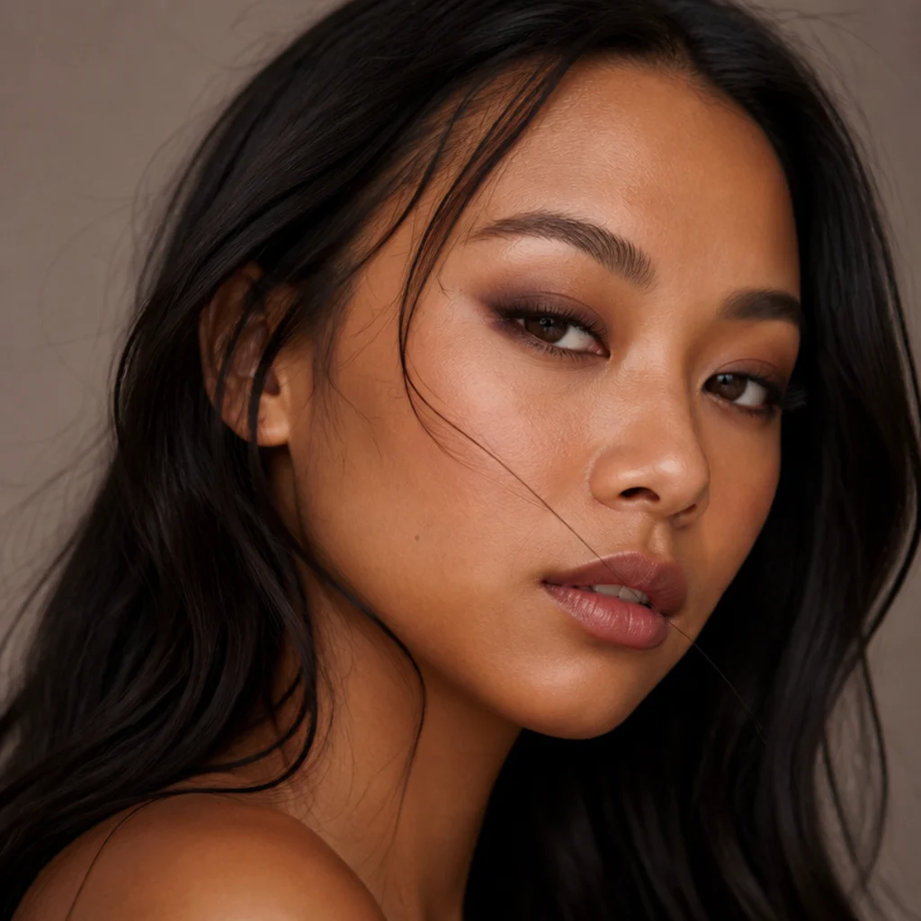 Almond-eyed portrait with siren smoke enhancing the natural outer lift for a balanced sultry look