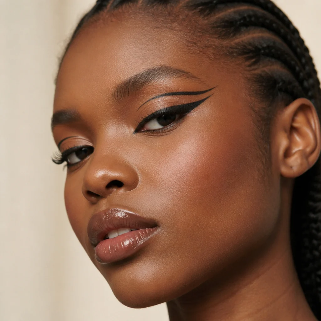 Bold graphic foxy liner with a sharp extended wing and a thin floating accent line traced above the crease