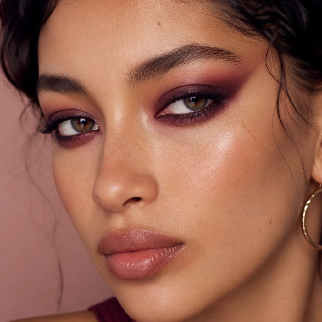 Colored siren eyes with deep plum and burgundy smoke blended at the outer corner and lower lash line