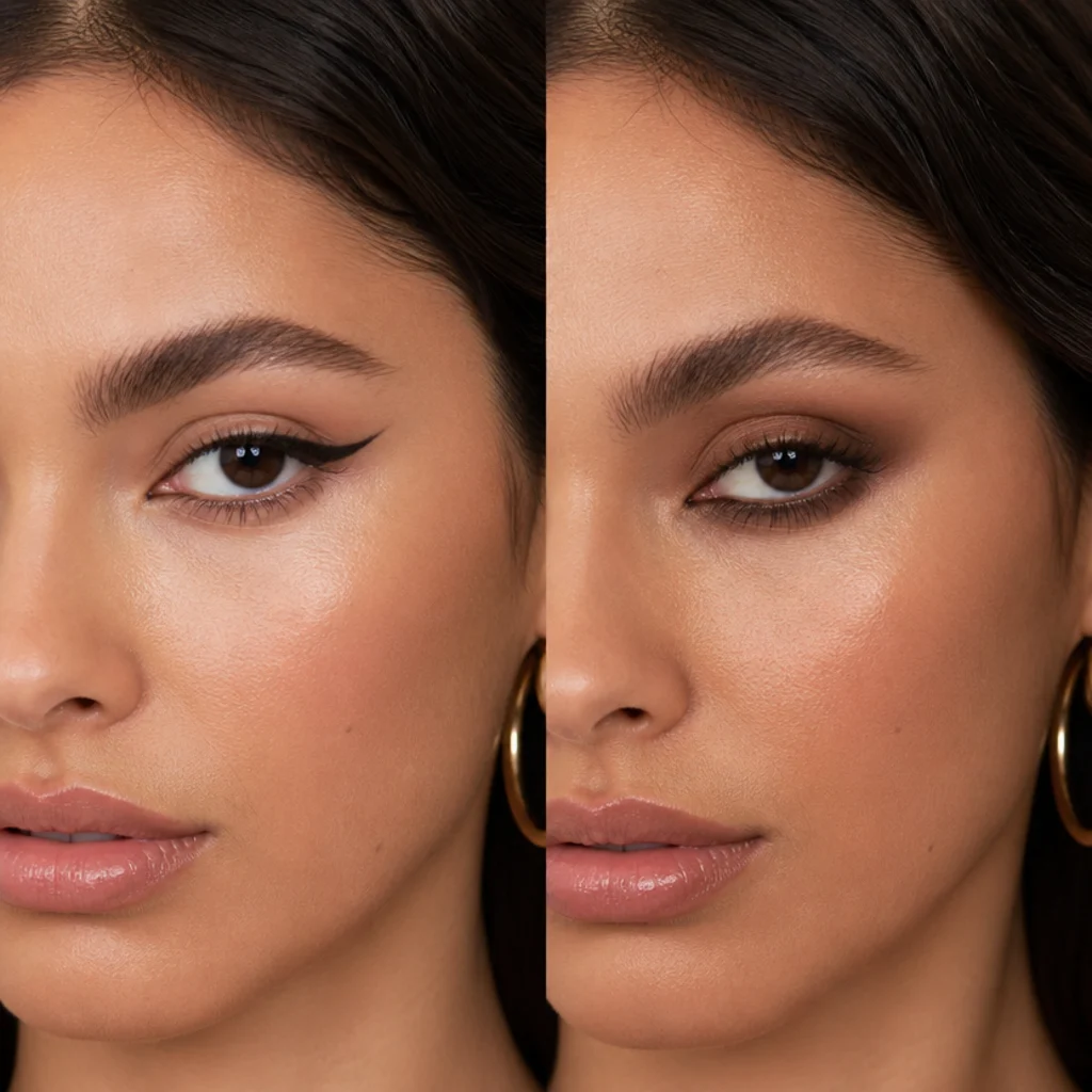 Split-frame beauty portrait comparing a lifted foxy eye on the left and a smoked siren eye on the right