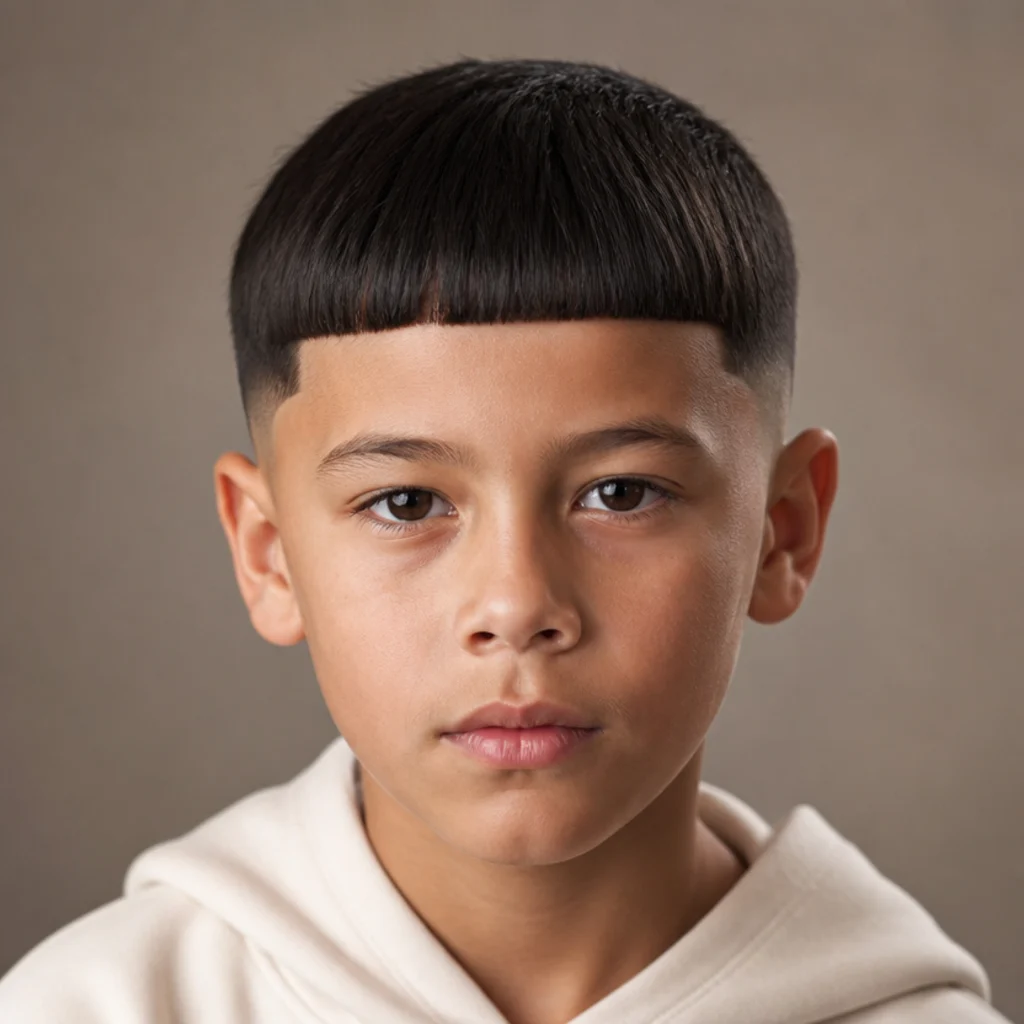 Front view of a boy with a classic straight-hair edgar cut, even blunt fringe, and softly faded sides on a warm taupe backdrop