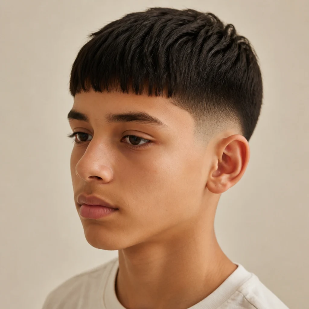 Three-quarter view of an edgar cut taper fade with softly graduated sides and a blunt front on an ivory background