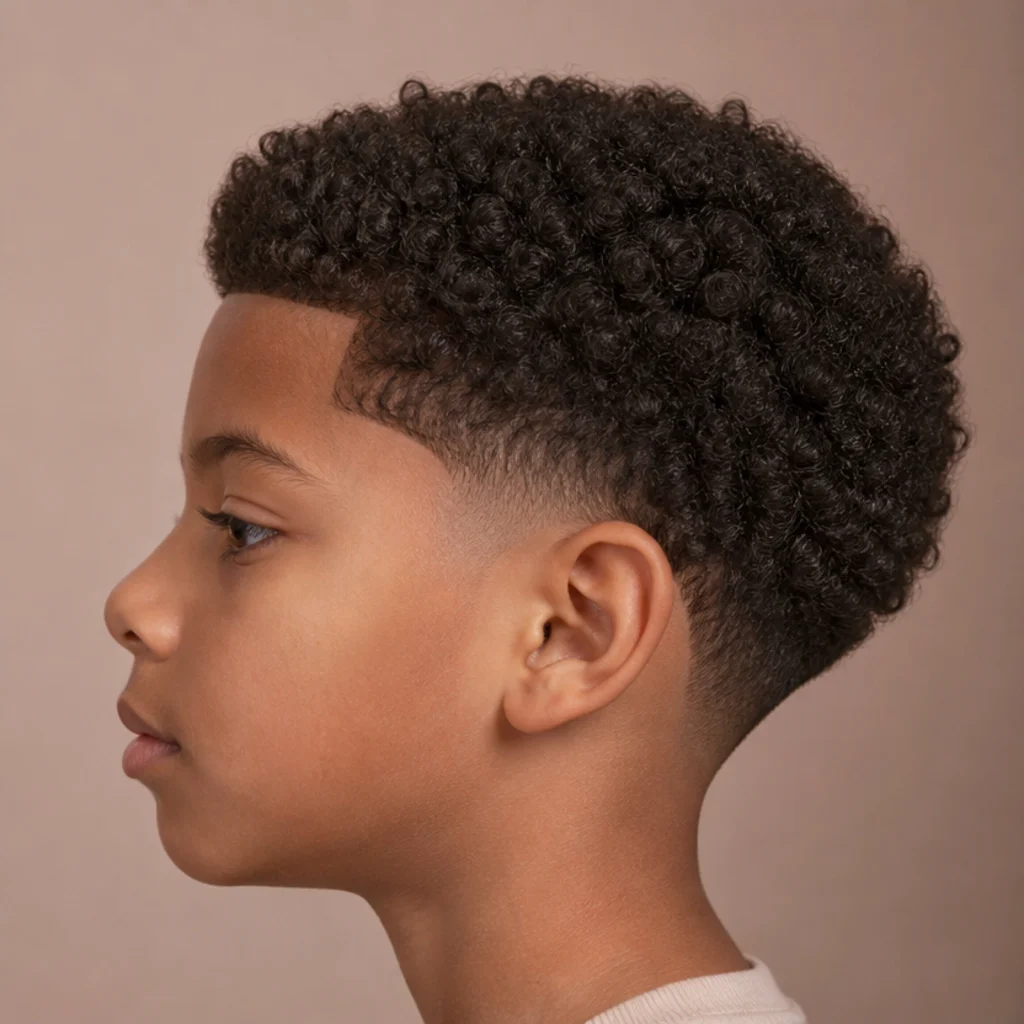 Side profile of a curly edgar cut showing defined coils on top and clean faded sides against a blush backdrop