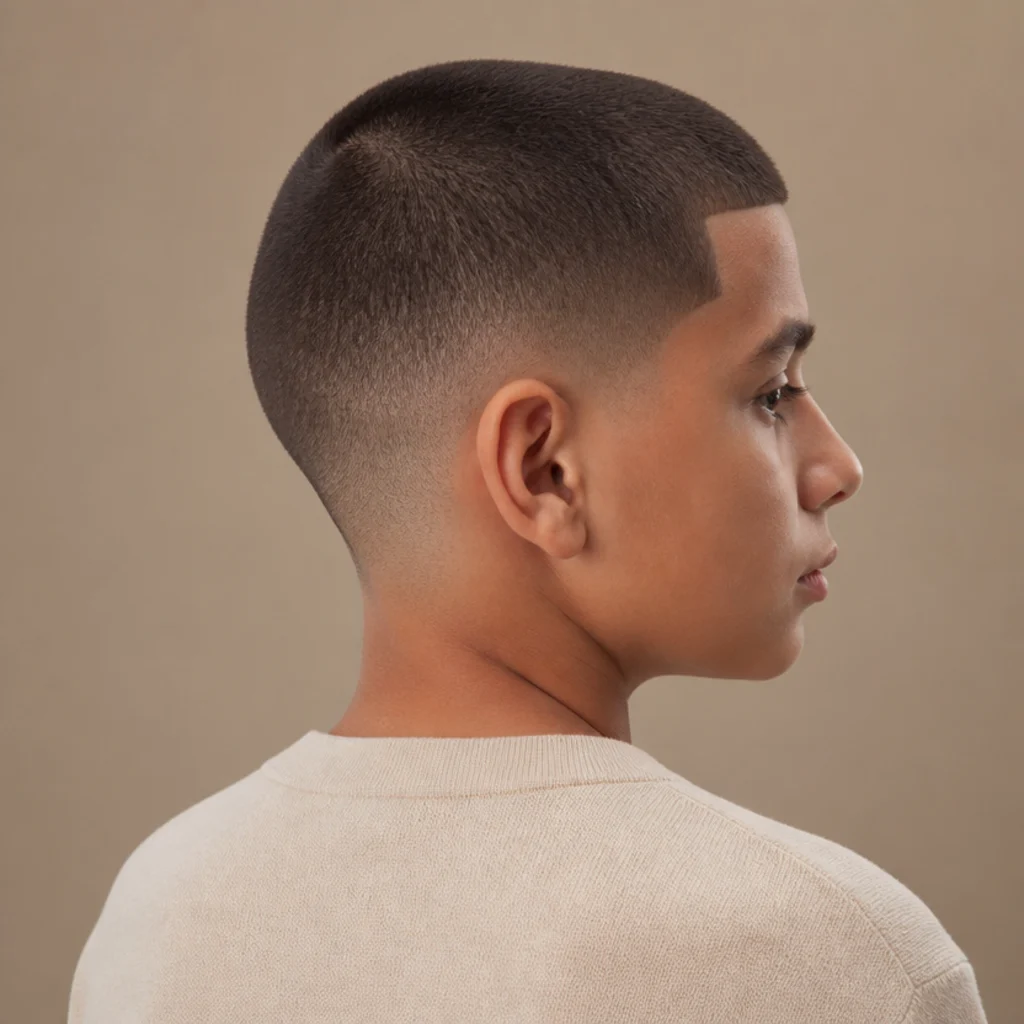 Back-and-side angle of an edgar buzz cut with a uniform short top and sharp blunt front line on a taupe studio background