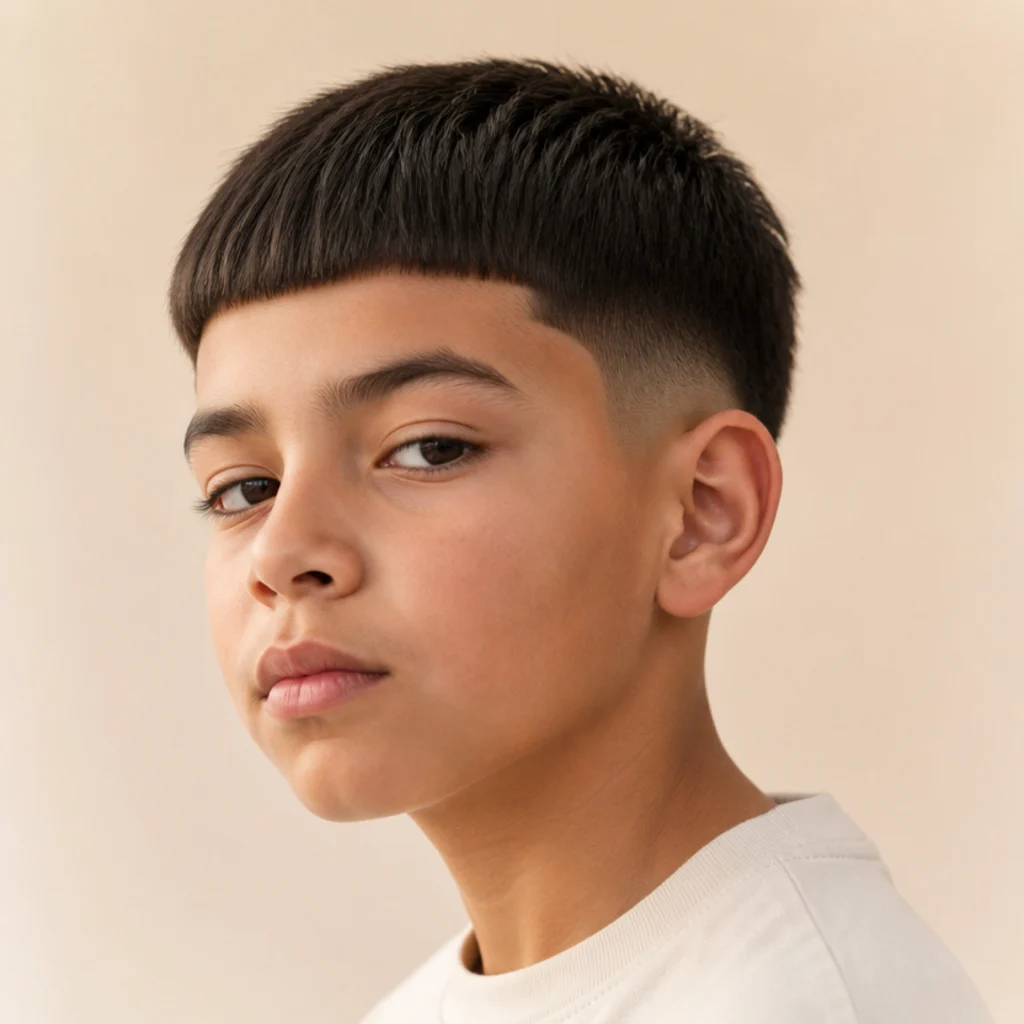 Three-quarter view of a mid fade edgar cut with a balanced fade starting at the temple on a warm ivory backdrop