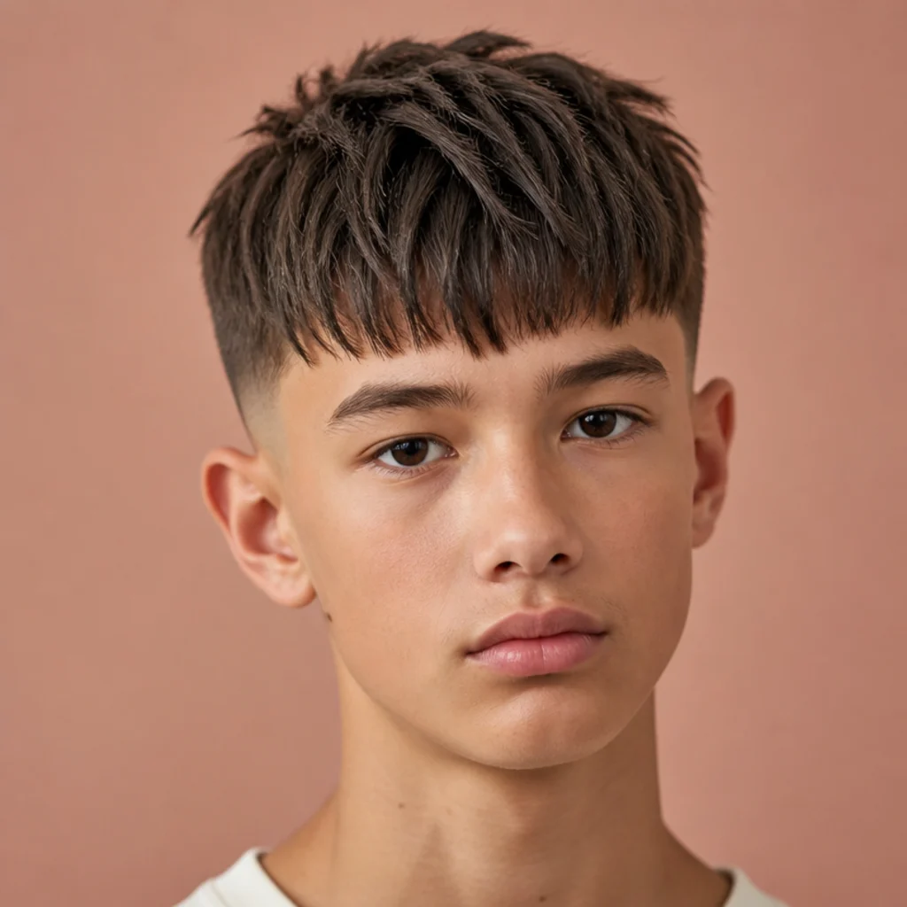 Front view of a textured crop edgar with a choppy, piecey top and blunt fringe on a muted blush background