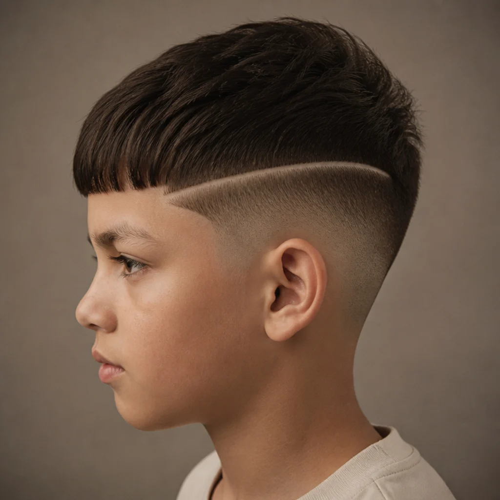 Side view of an edgar cut with a razored hard part line and blunt fringe on a warm taupe backdrop