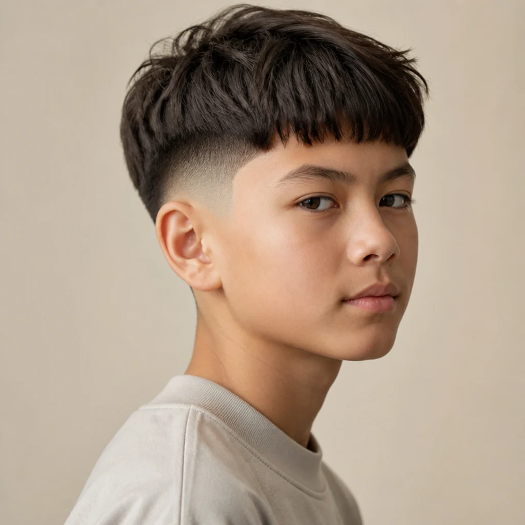 Three-quarter view of a low fade edgar with the fade close to the neckline and blunt fringe on an ivory studio background