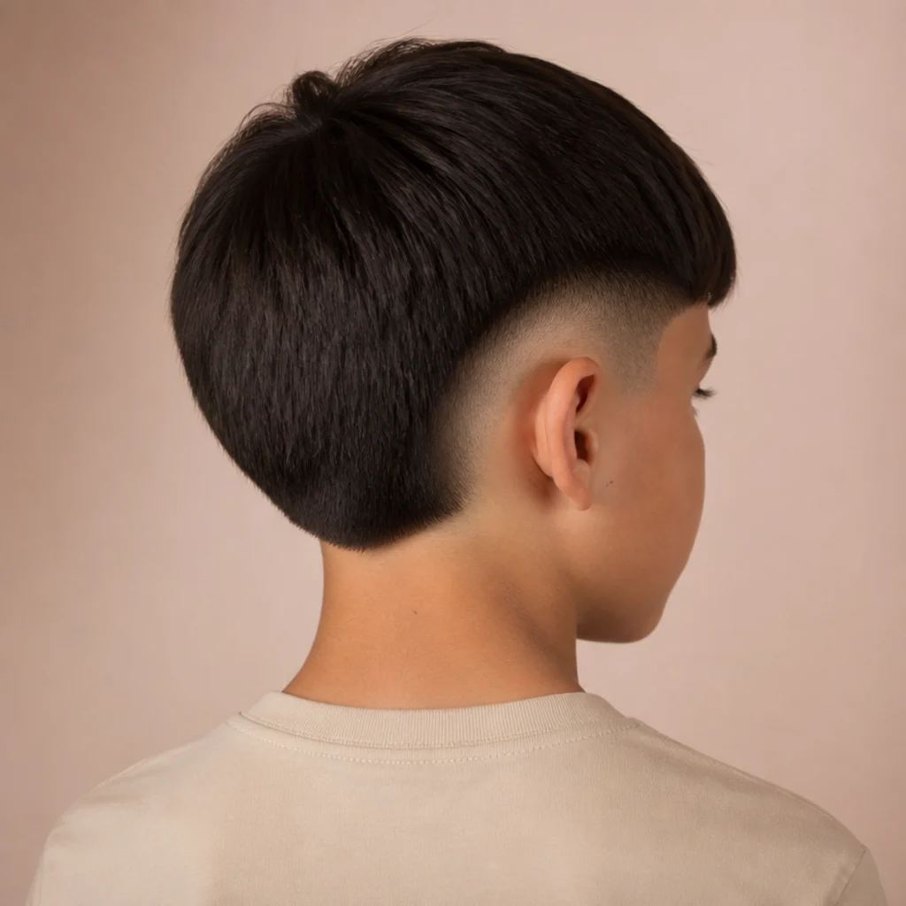 Back view of a burst fade edgar showing the curved fade around the ear and blunt top on a blush backdrop