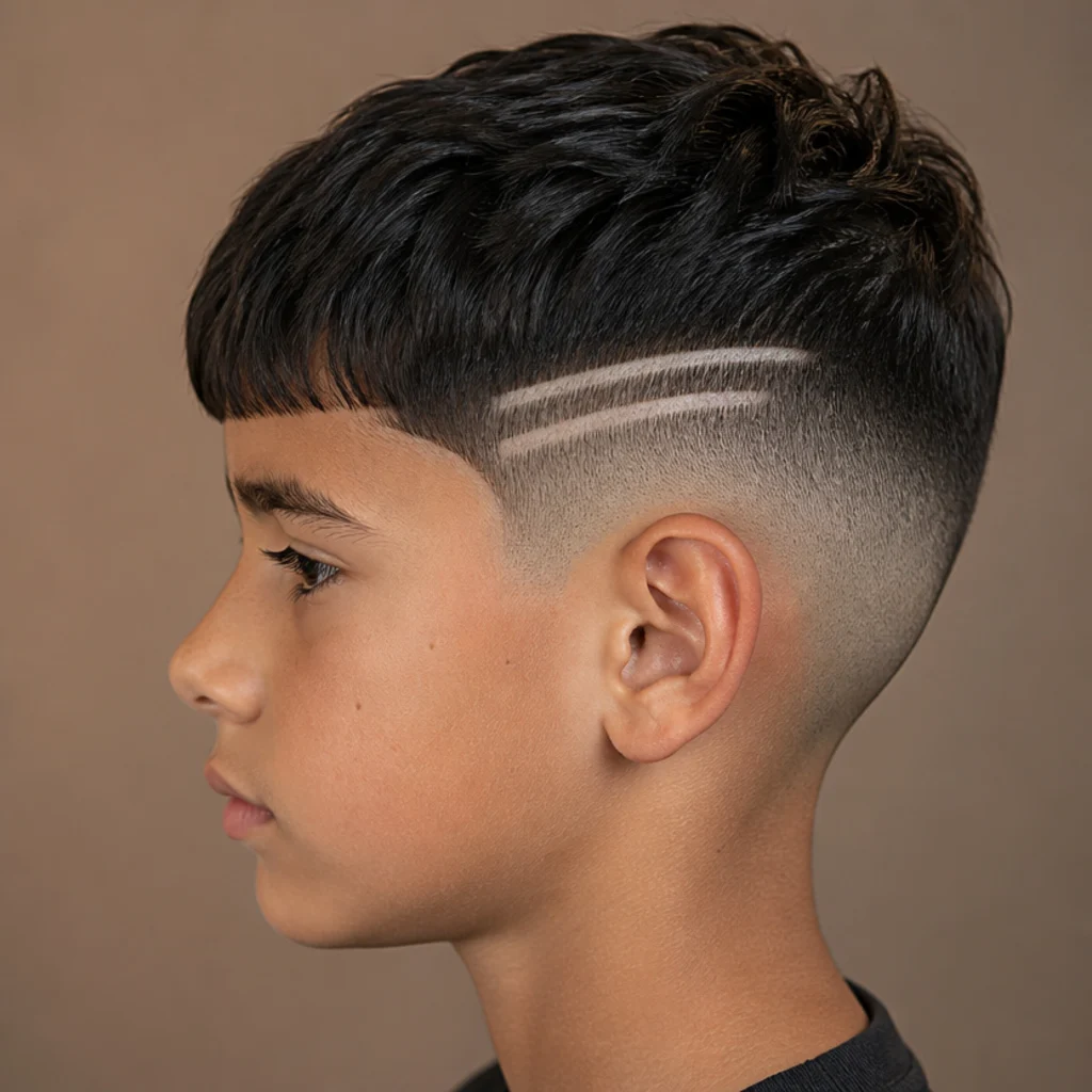 Close side view of an edgar cut with two razor design lines etched into the fade on a warm taupe background