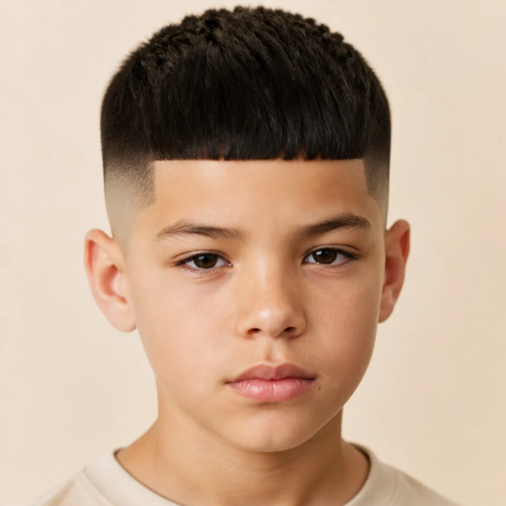 Front view of a high contrast edgar with a skin fade and dark blunt top against an ivory studio backdrop