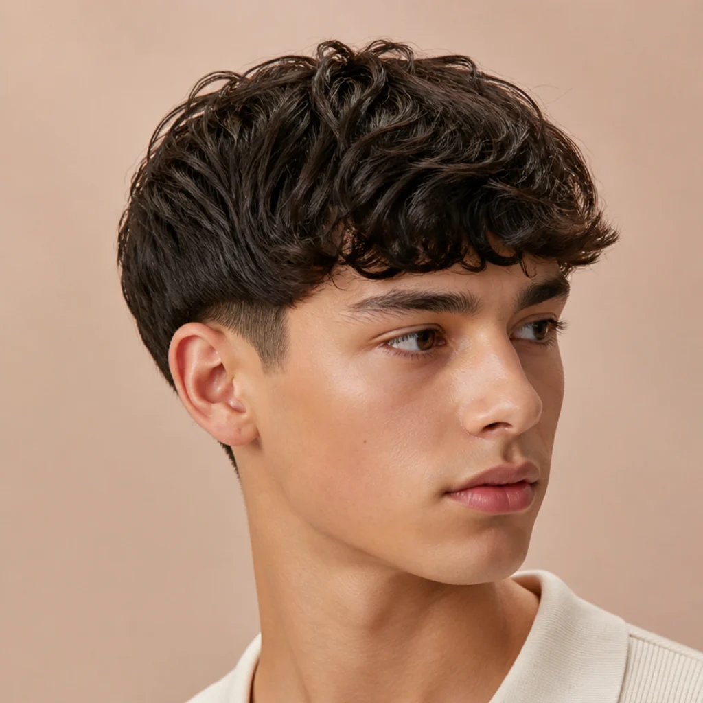 Three-quarter view of a wavy edgar cut with soft natural waves on top and a blunt front on a muted blush backdrop