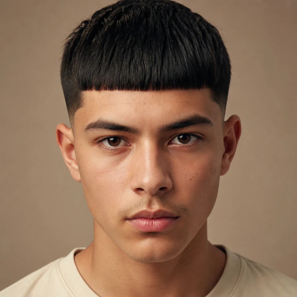 Front view of a short blunt edgar with minimal top length and a very sharp horizontal fringe on a warm taupe background