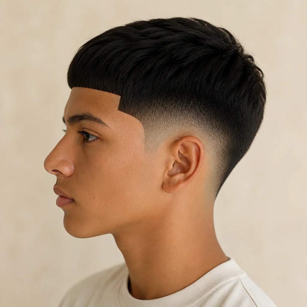 Side profile of an edgar cut with a sharp line-up along the hairline and blunt fringe on an ivory studio backdrop