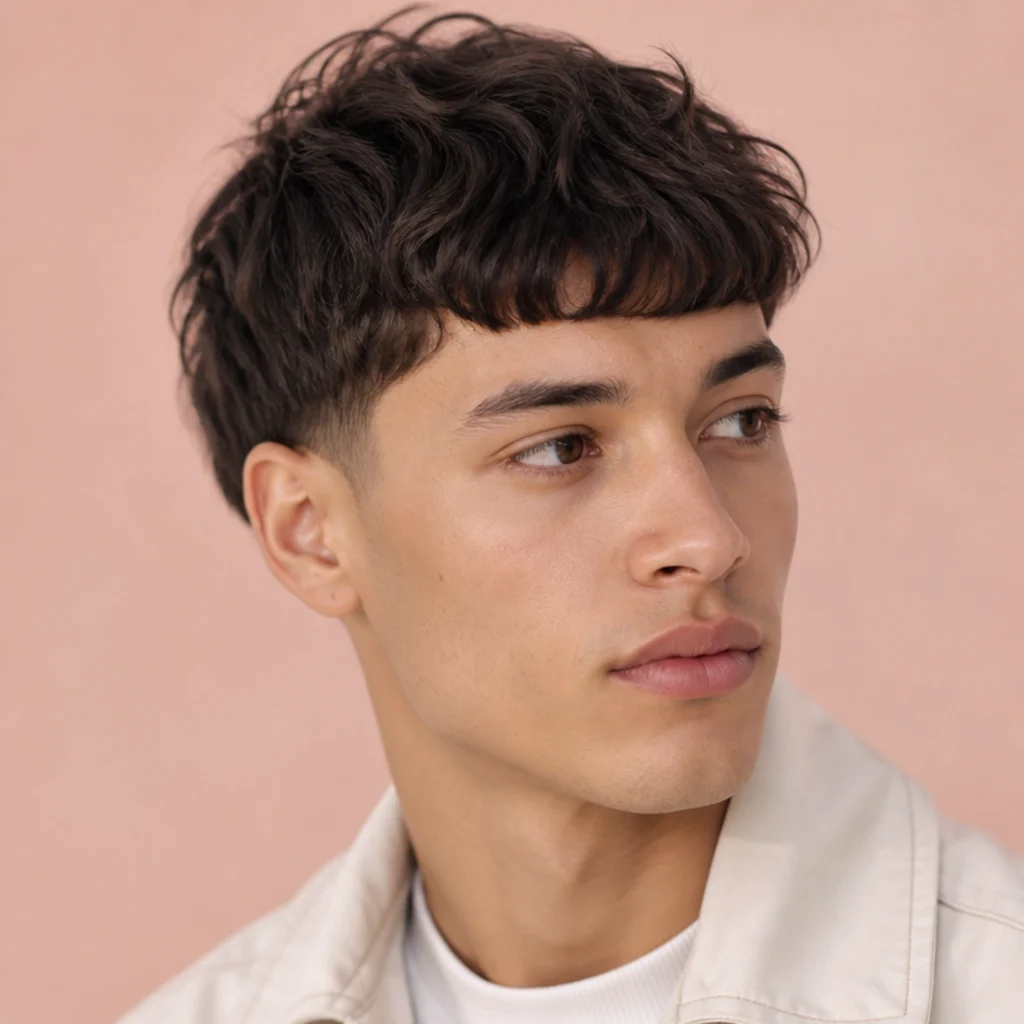 Three-quarter view of a grown-out textured edgar with a longer tousled top and soft blunt front on a blush background