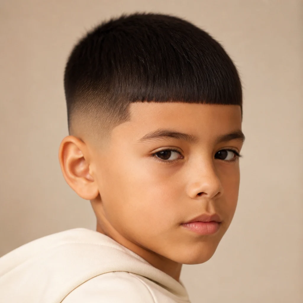 Young boy with a straight-hair edgar cut and blunt fringe photographed from the front against a warm ivory studio backdrop