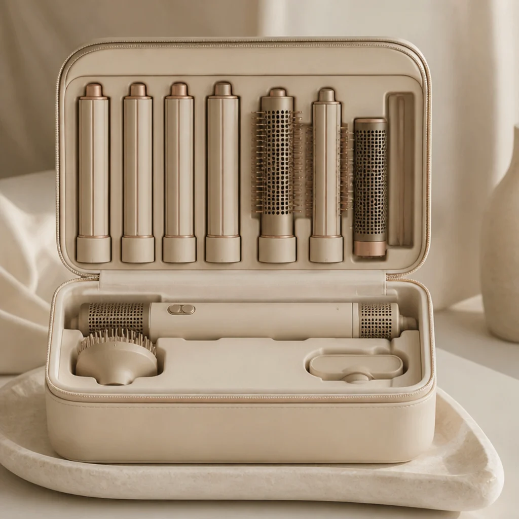 Open molded zip case displayed on a low tray with each styling barrel nested in its slot on a taupe shelf
