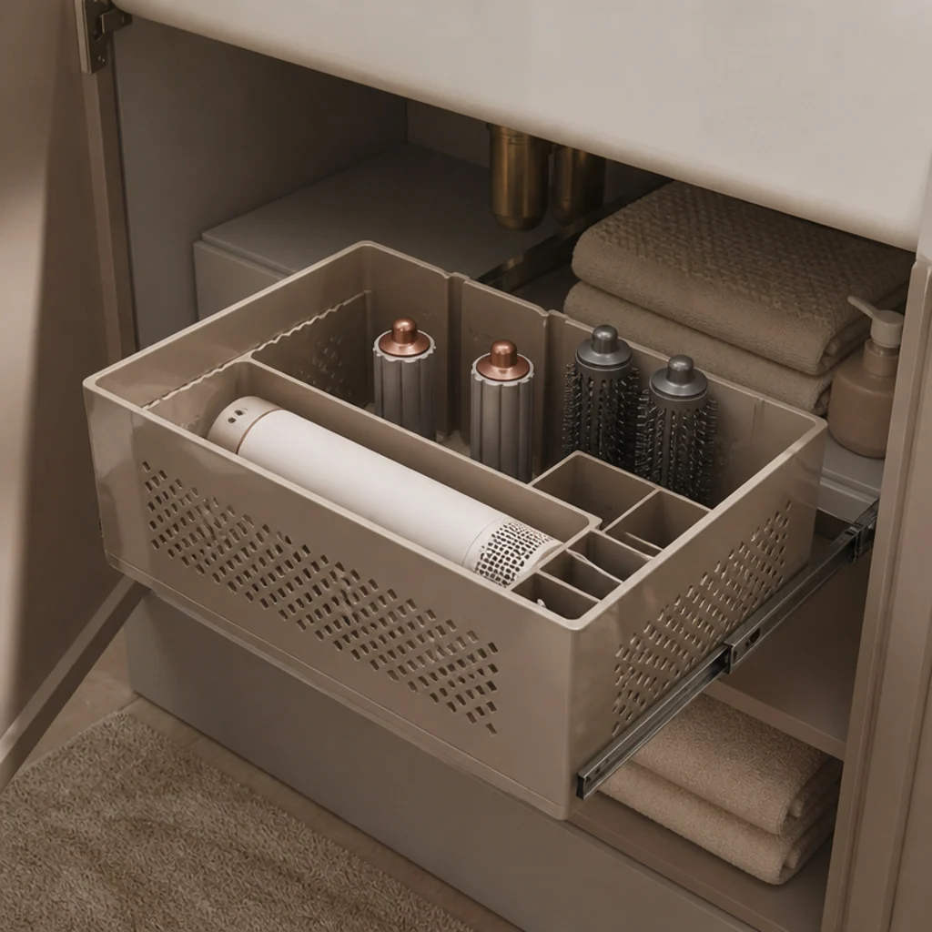 Under-sink pull-out bin slid forward holding a flat-laid multi-styler and upright barrels in a divided caddy