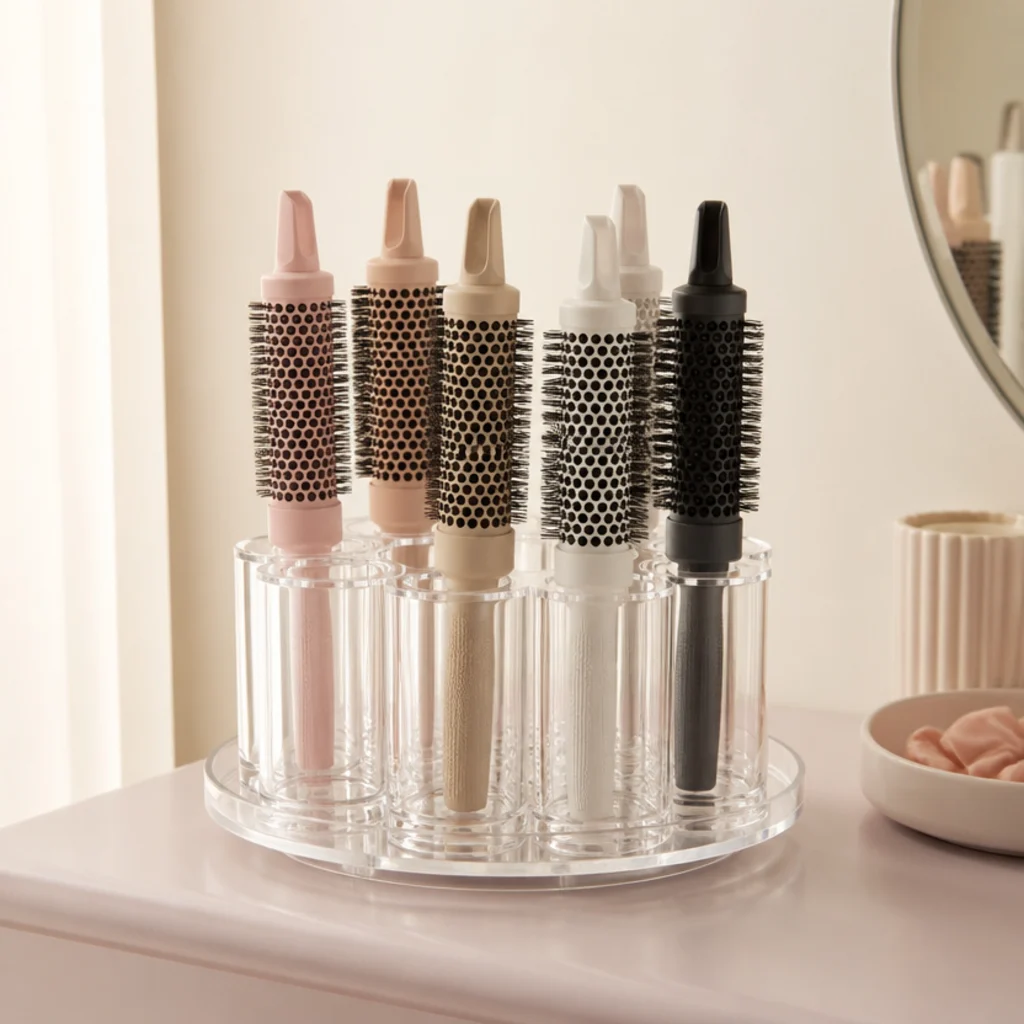 Clear acrylic carousel with cylindrical wells holding upright styling barrels on a blush vanity counter
