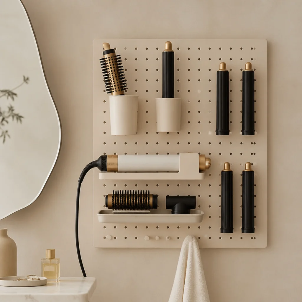Wall-mounted pegboard styling station with hooks and cups holding a multi-styler body and barrels vertically