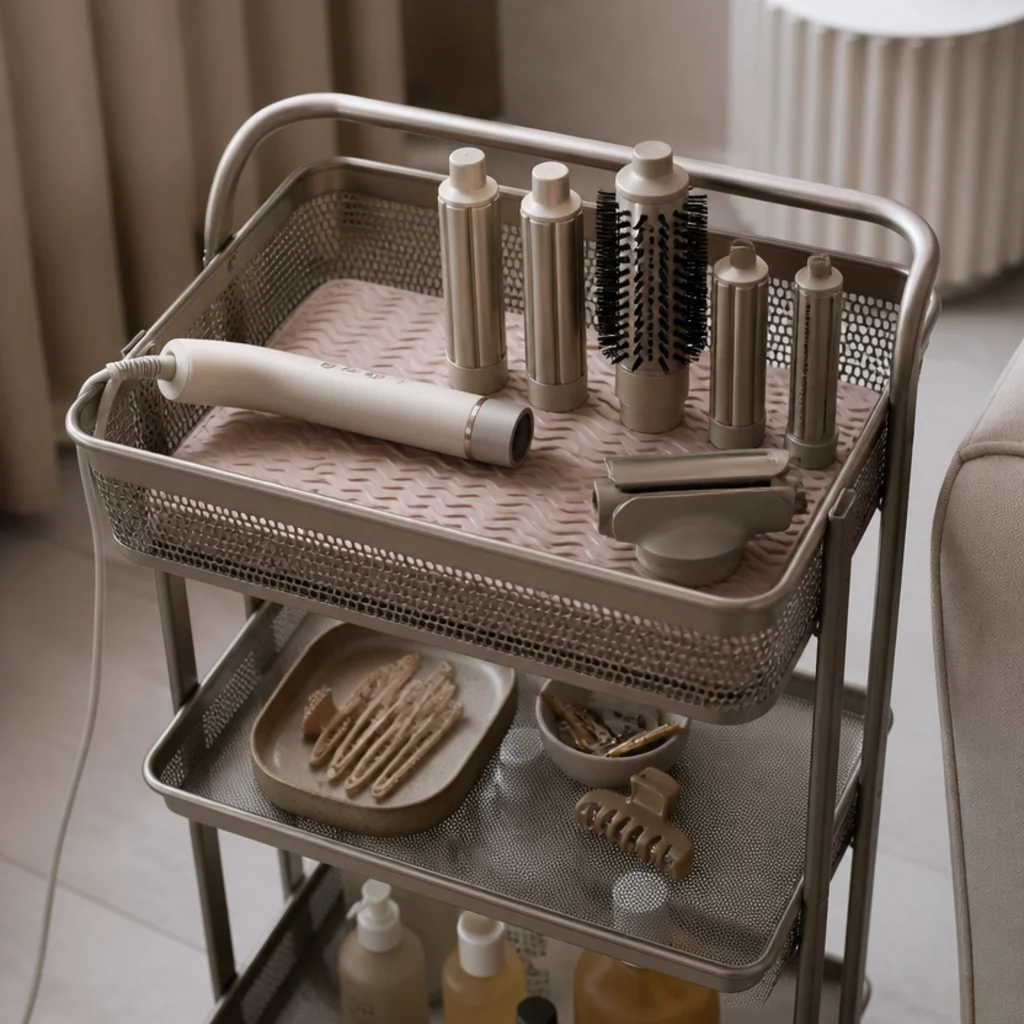 Three-tier metal rolling cart with a multi-styler and barrels on top and a silicone cool-down mat