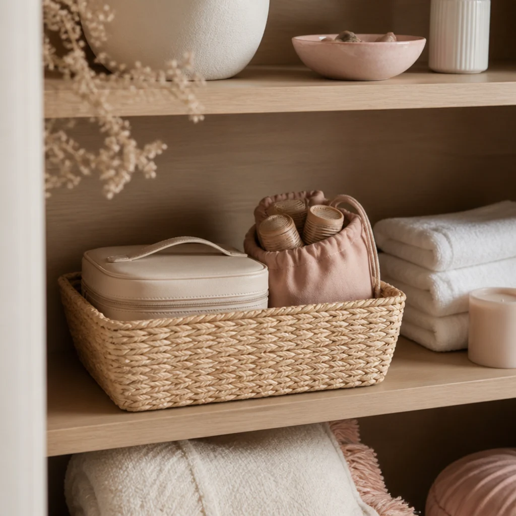 Shallow seagrass woven basket on open shelving holding a styling case beside folded towels and a candle