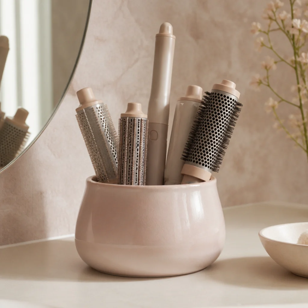 Wide ceramic crock in a blush glaze holding styling barrels and a wand upright like a bouquet