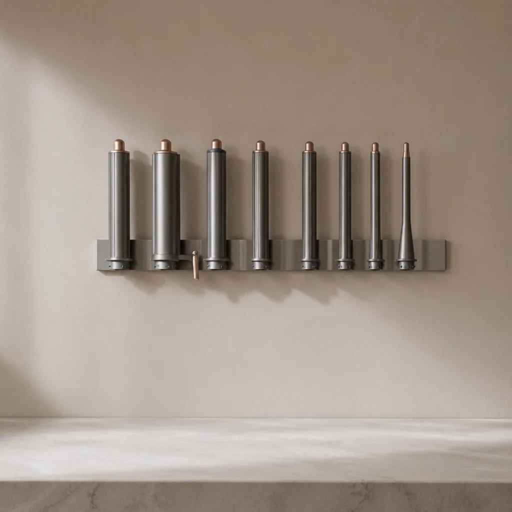 Wall-mounted magnetic strip holding metal styling barrels flat in a clean floating row at eye level