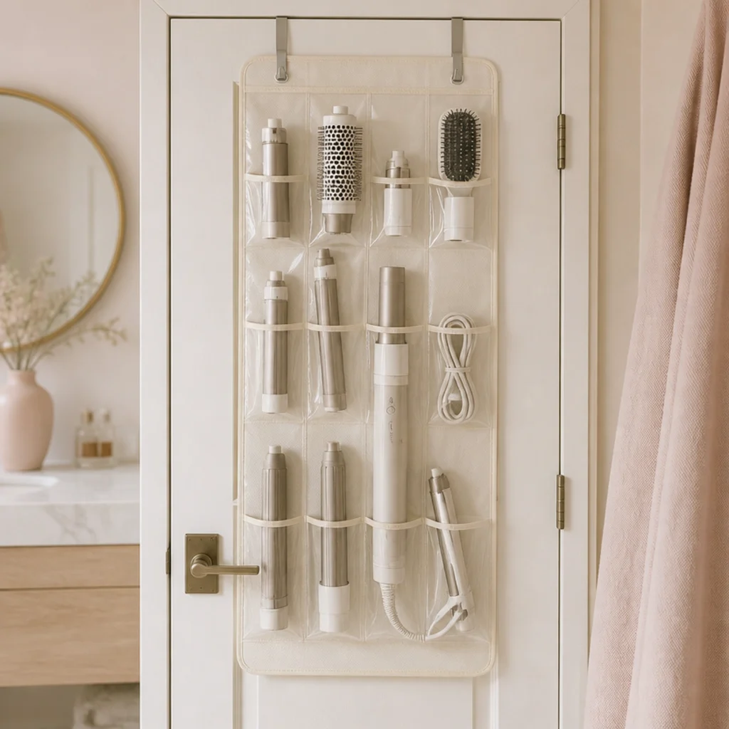 Clear-pocket over-the-door organizer holding a multi-styler body and barrels in sturdy transparent pockets