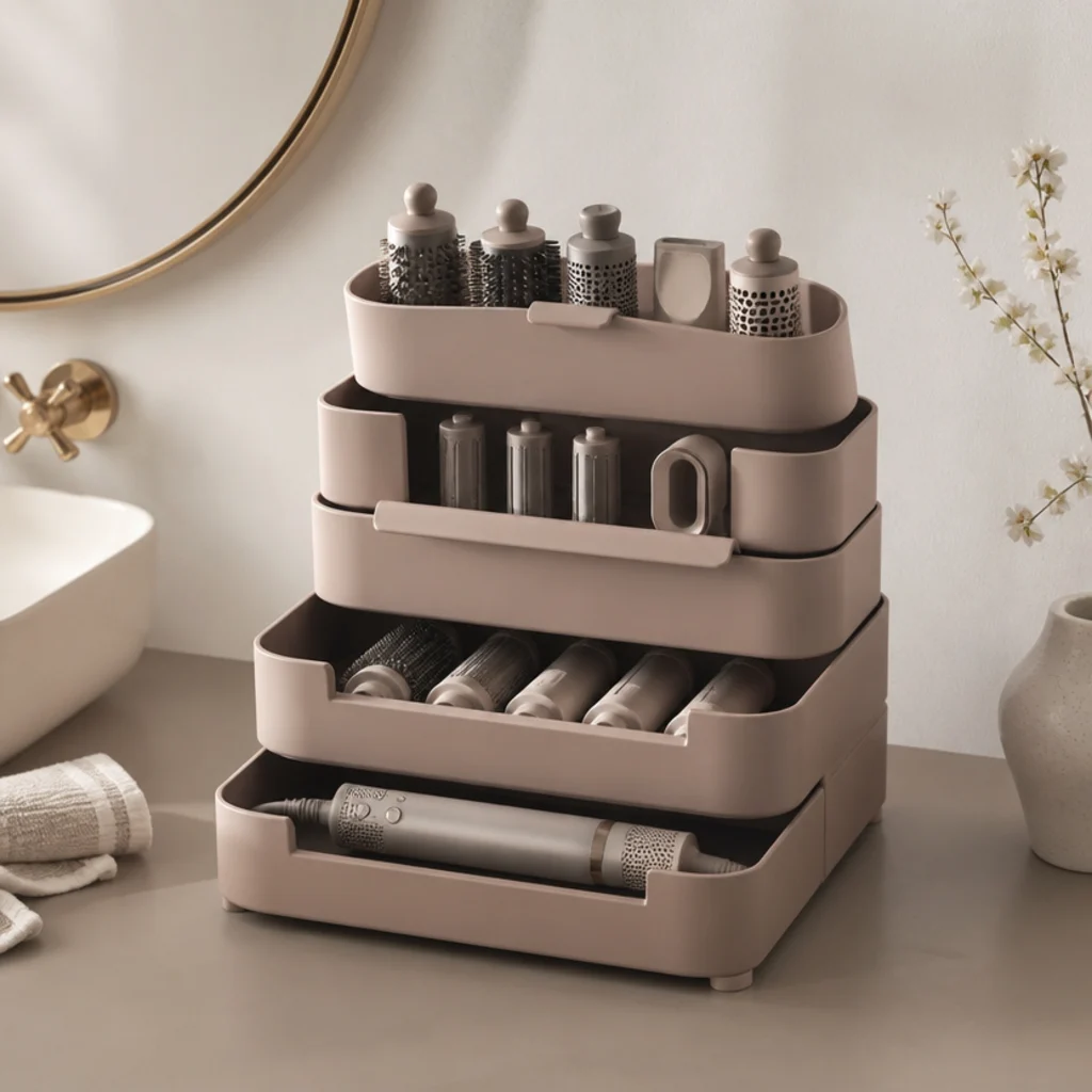 Stack of modular trays with the styler body, barrels, and brushes sorted by type on a vanity
