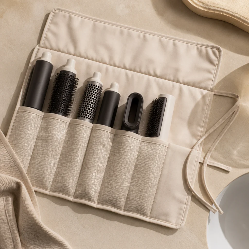 Padded fabric travel roll unrolled on a surface with each styling attachment tucked into a sewn slot