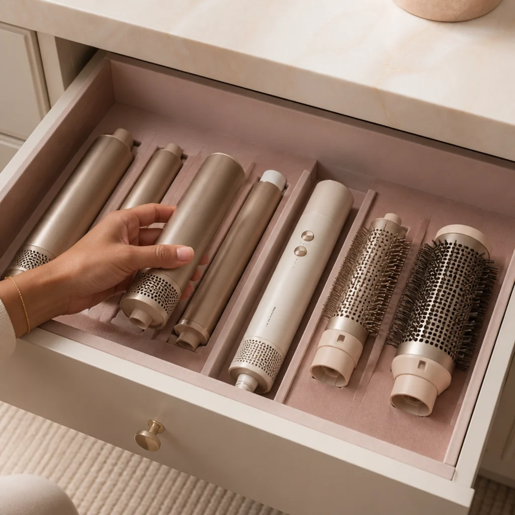 Open vanity drawer lined in blush velvet holding a multi-styler and barrels in a single cushioned layer