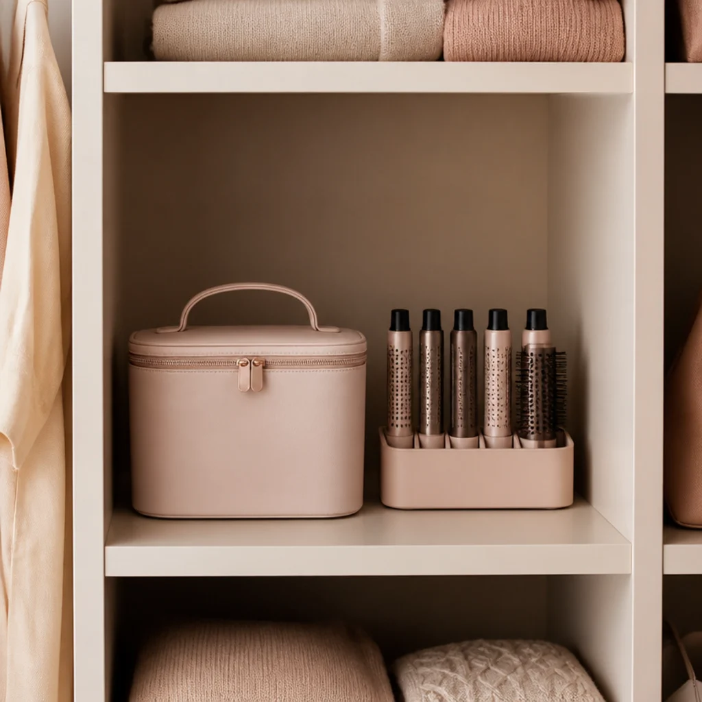Dedicated closet cubby holding a styling case and a small caddy of barrels on a dry shelf square