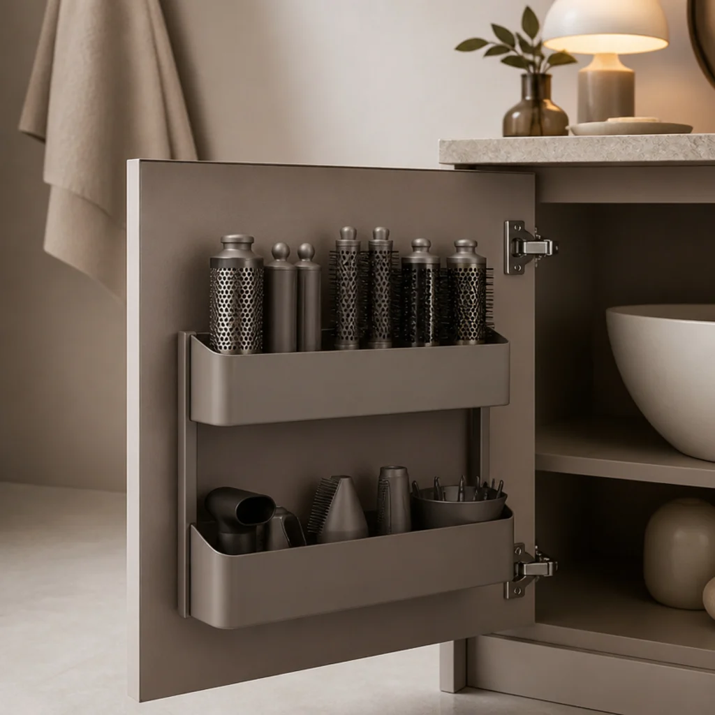 Slim rack mounted inside a cabinet door with small bins holding styling barrels and nozzles