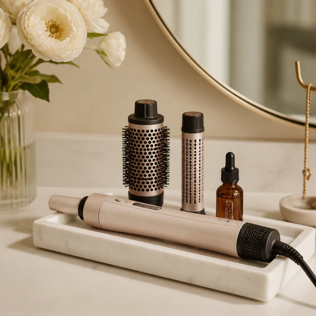 Marble tray countertop vignette corralling a multi-styler, two barrels, and a small bottle