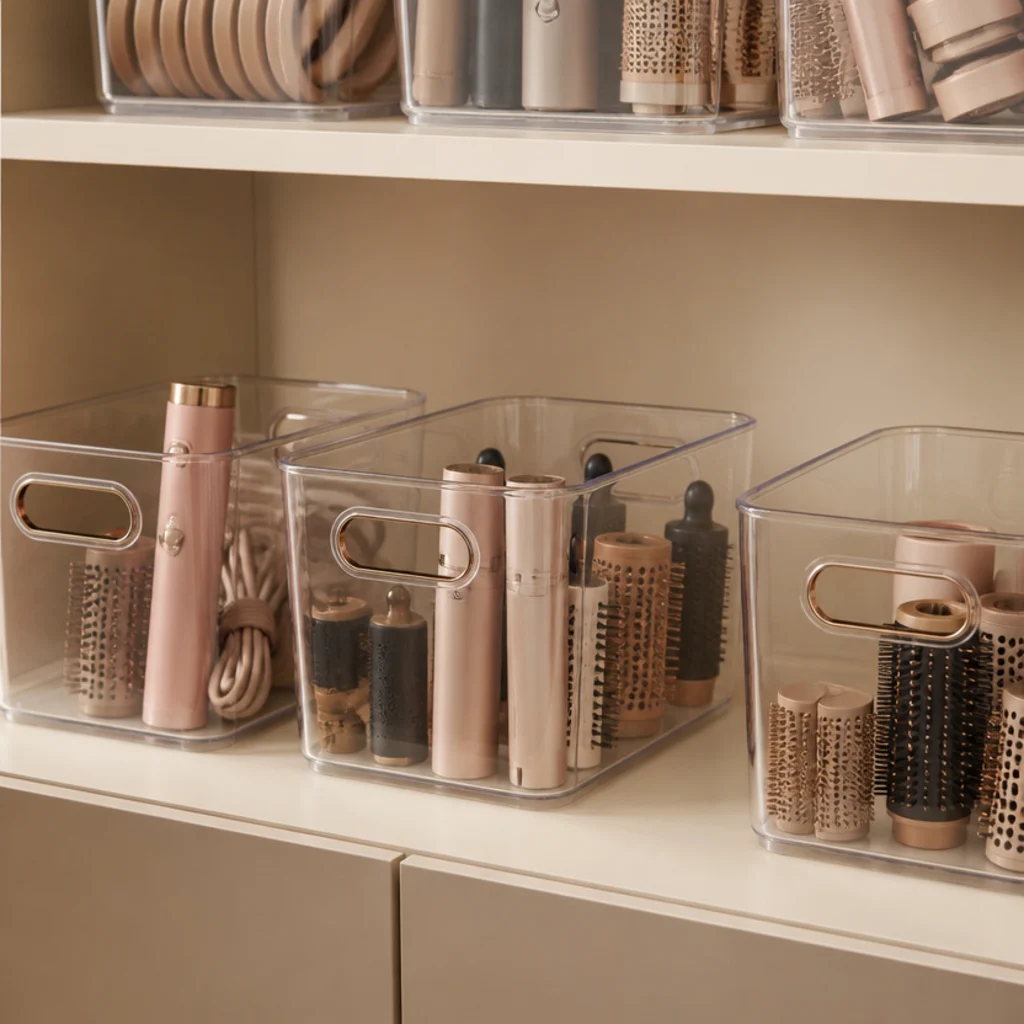Clear labeled bins with handles in a cabinet sorting the styler body, barrels, and brushes