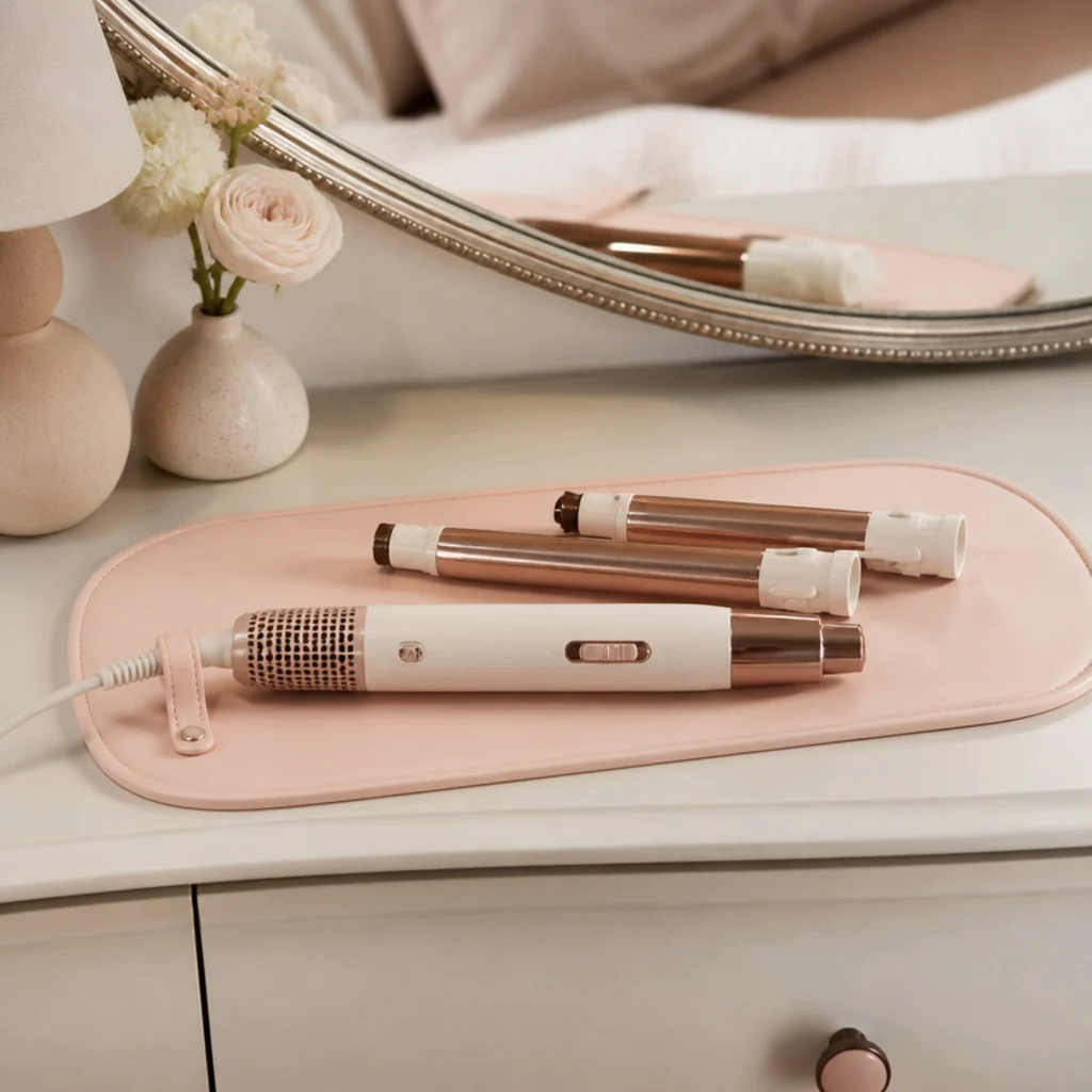Compact bedside tray on a dresser holding a multi-styler and two everyday barrels near a mirror
