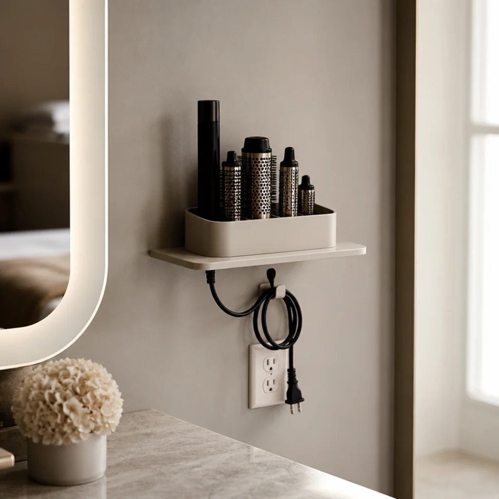 Single floating shelf above a wall outlet holding a small caddy of styling barrels beside a mirror