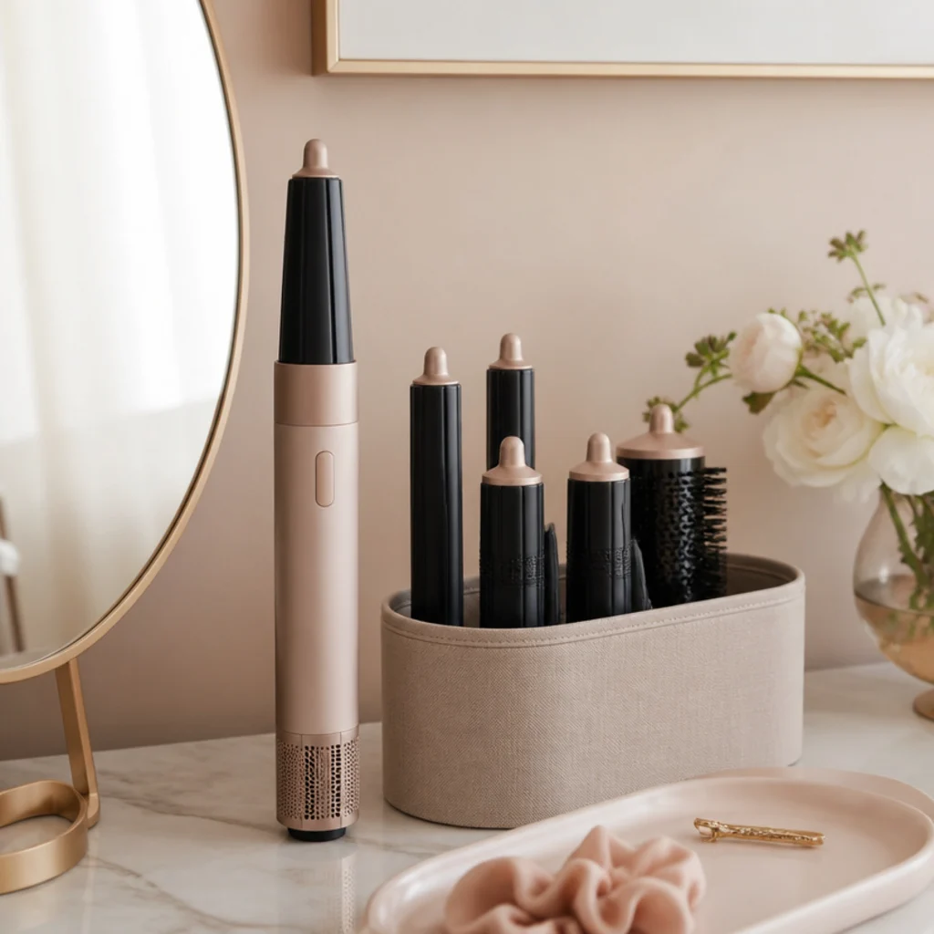 Organized vanity corner with a generic premium multi-styler and coiled attachments arranged in a taupe storage caddy
