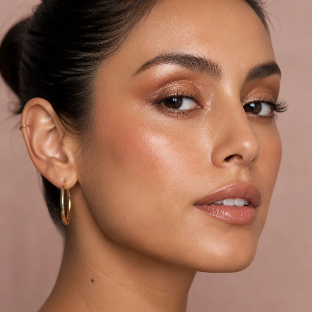 Three-quarter view of warm bronze metallic shimmer pressed onto the lid and blended into a soft amber crease