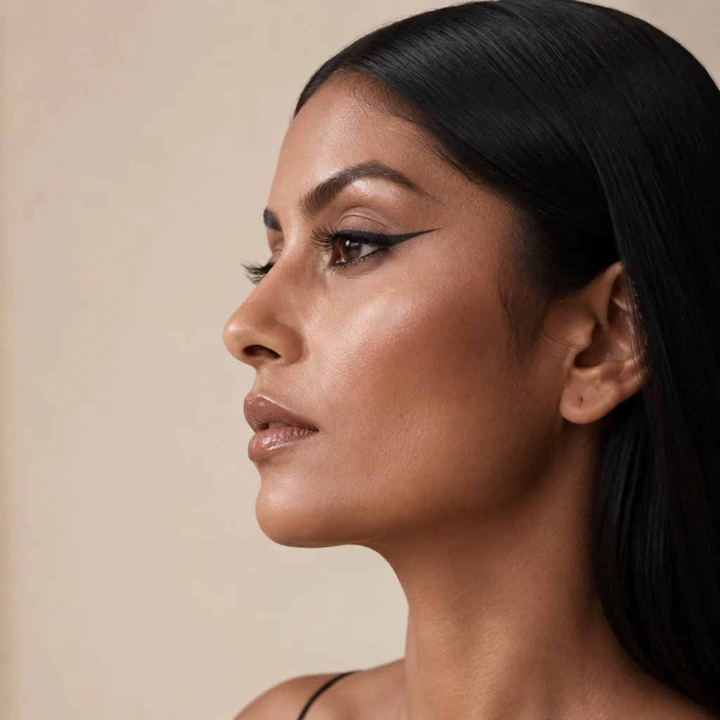 Side profile with long straight center-part hair and a slim elongated black liner stretching toward the temple