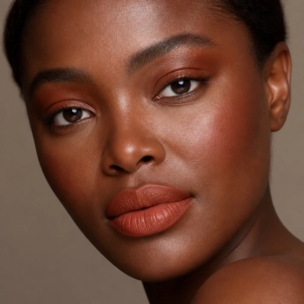 Front-facing model wearing matching terracotta shadow, blush, and lip in a soft diffused wash