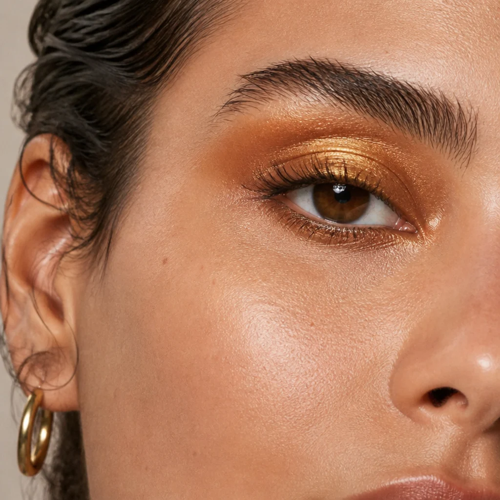 Three-quarter angle showing gold shimmer concentrated in the center of the lid with deeper tones at the corners